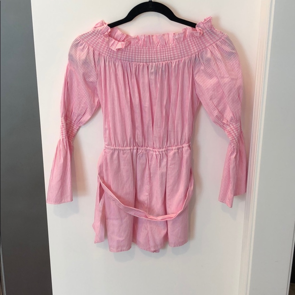 pink and white striped off the shoulder romper